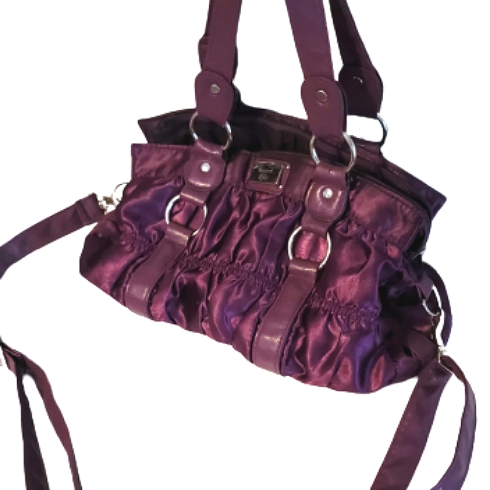 Tally Weijl Ruched Purple Satin and Faux Leather Shoulder Bag